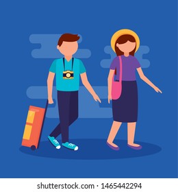 couple with camera and suitcases - people and travel vector illustration