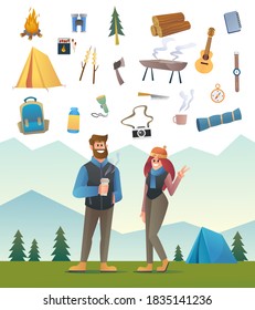 Couple camper tourist character with camp equipment vector illustration