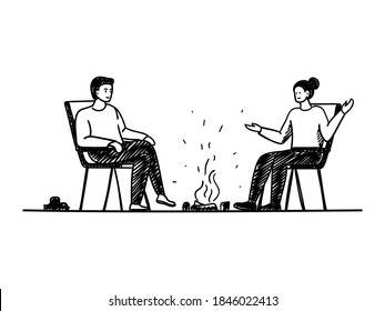 Couple and campfire handdrawn illustration. Cartoon vector clip art of a man and woman sitting by the bonfire and talking. Black and white sketch of cozy atmosphere, talk, nature, tourism, campground