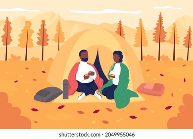 Couple camping in autumn flat color vector illustration. Recreational activity in november. Autumn hiking. Happy boyfriend and girlfriend 2D cartoon characters with landscape on background