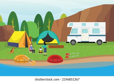 Couple camping with camper van 2d vector illustration concept for banner, website, illustration, landing page, flyer, etc.