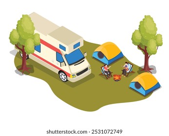Couple camping with camper van 3d isometric vector illustration