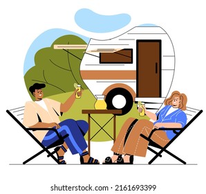 Couple camping concept. Man and woman sitting on deck chairs in forest and drinking delicious fruit juice. Outdoor tourism and traveling in motorhome. Cartoon flat vector illustration in doodle style