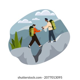 Couple camping concept. Young man with backpack on his shoulders helps woman to cross gorge. Hiking in mountains. Travel or tourism in nature. Outdoor vacations. Cartoon flat vector illustration