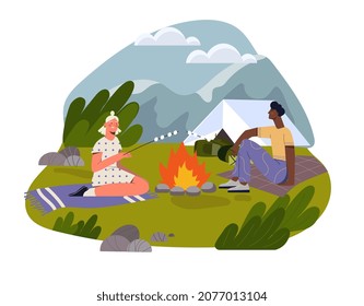 Couple camping concept. Young man and woman sitting on blankets near fire and frying marshmallows. Traveling or hiking in forest or mountains. Outdoor recreation. Cartoon flat vector illustration