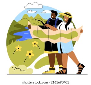 Concepto de camping de parejas. Jóvenes y mujeres con mochilas de senderismo sostienen mapas y admiran el paisaje. Turismo al aire libre, vacaciones o viaje a las montañas. Dibujo vectorial plano de caricatura en estilo doodle