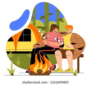 Couple camping concept. Young man and woman sitting by campfire and frying marshmallows. Outdoor tourism, vacation or hike in forest with tent. Cartoon flat vector illustration in doodle style