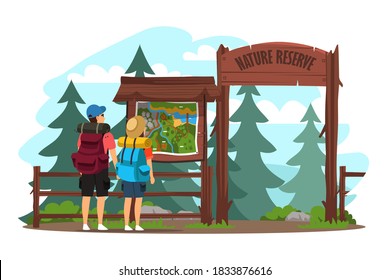 Couple camping in forest. Man and woman traveling in park with backpacks. Tourist outdoor romantic scene vector. Happy girl and boy looking at map on blackboard.