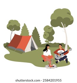 Couple Camping With Guitar By Campfire In Flat Vector Illustration Symbolizing Outdoor Leisure, Music, And Nature Bonding, Isolated On White Background