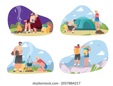 Couple camping set. Man and woman went hiking in nature. Husband and wife make fire, put up tent and climb mountain. Tourism in forest. Cartoon flat vector collection isolated on white background