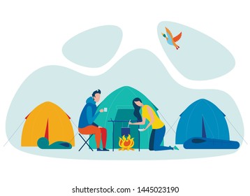 Couple Camping Vacation Flat Vector Illustration. Woman Cooking Food on Fire Faceless Character. Man Drinking Hot Coffee. Tourists Tents in Campsite Area. Active Tourism, Hiking, Holiday on Nature