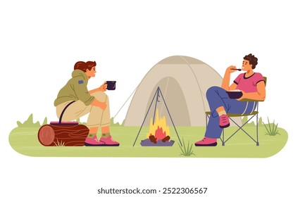 Pareja en el camping sentado cerca de la hoguera comiendo Ilustración vectorial plana aislada en blanco. Escena de camping de verano.