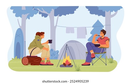 Pareja en el camping sentado cerca de la hoguera comiendo Ilustración vectorial plana. Escena de camping de verano.