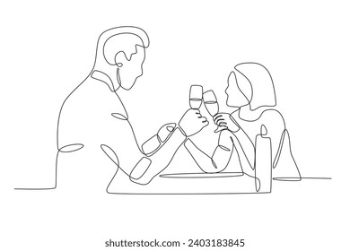 A couple candle light dinners with a glass of alcohol. Candle light dinner one-line drawing
