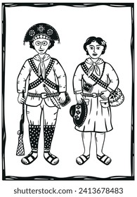 Couple from Cangaceiros from northeastern Brazil. Lampião and Maria Bonita. Cordel style woodcut vector