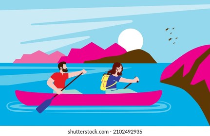 Couple canoeing on lake surrounded with beautiful landscape. Fully editable vectors on layers. lake and mountain travel vector illustration on the theme of summer holidays. Couple by the sea or ocean