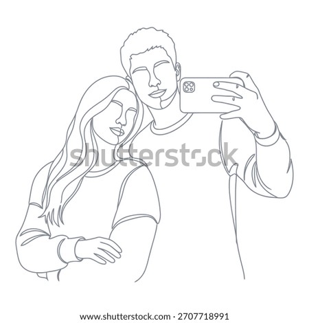 A couple is captured in a sketch taking a selfie using a mobile phone, showing affection.