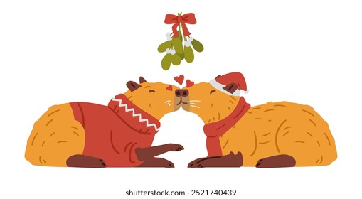 Couple of capybaras in Christmas clothing kissing under mistletoe flat vector illustration isolated on white.