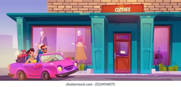 Couple in car after shopping. Vector cartoon illustration of happy young man and woman sitting in auto with shop bags, clothes store facade with mannequins in windows, cheerful people on vacation