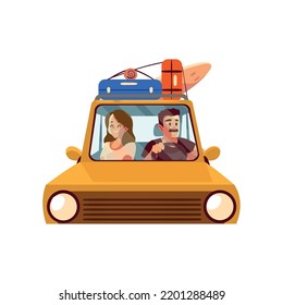 couple in the car with baggage isolated icon