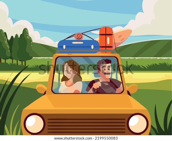 couple in the car with\
baggage, road trip