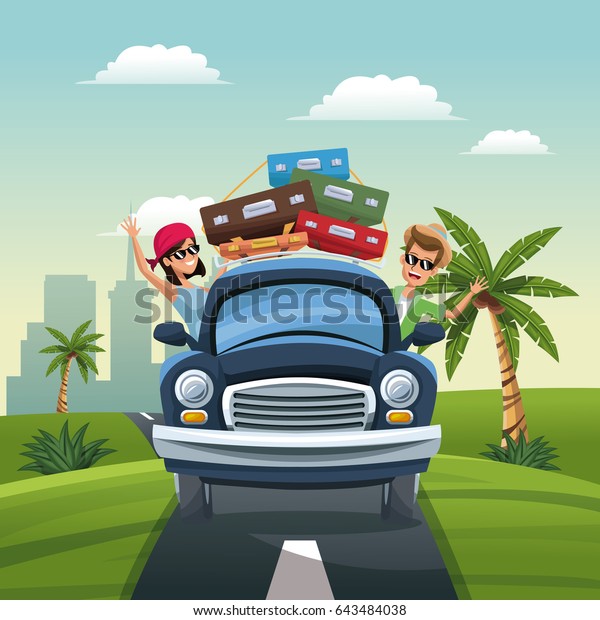 couple car baggage travel vacation road\
landscape city\
background