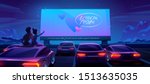 Couple at car cinema. Romantic dating in drive-in theater with automobiles stand in open air parking at night. Loving man and woman sitting on auto roof watching love movie Cartoon vector illustration