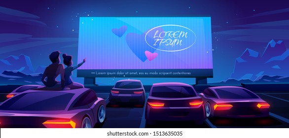 Couple at car cinema. Romantic dating in drive-in theater with automobiles stand in open air parking at night. Loving man and woman sitting on auto roof watching love movie Cartoon vector illustration