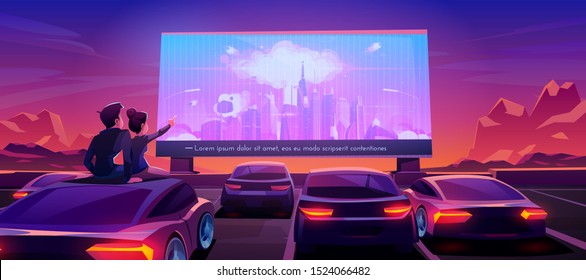 Couple at car cinema. Romantic dating in drive-in theater with automobiles stand in open air parking at night. Man and woman sitting on auto roof watching thriller movie. Cartoon vector illustration