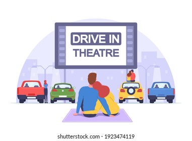 Couple at Car Cinema. Romantic Dating in Drive-in Theater, Automobiles Stand in Open Air Parking at Cityscape Background. Loving Man and Woman Sit on Auto Roof Watch Movie. Cartoon Vector Illustration