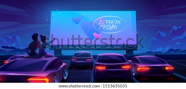 Couple at car cinema. Romantic dating in\
drive-in theater with automobiles stand in open air parking at\
night. Loving man and woman sitting on auto roof watching love\
movie Cartoon vector\
illustration