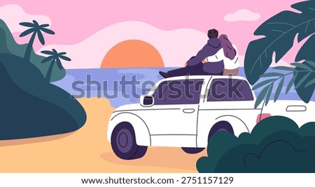 Couple with car looking back view. Romantic people meets dawn, guy and girl admire sunset at sea landscape, love and hugs, tropical resort leisure time, garish vector cartoon flat isolated concept
