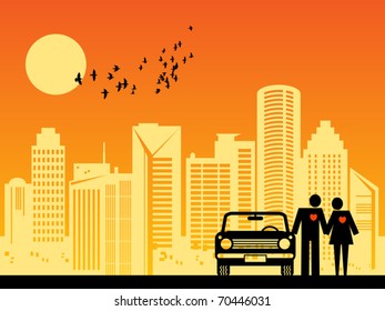 Couple with car on the city background, vector illustration