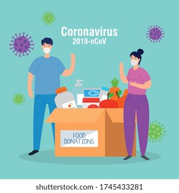 Paar mit Pappe Spende Box Lebensmittel, soziale Betreuung, während Coronavirus 2019 NCOV Vektor-Darstellung Design