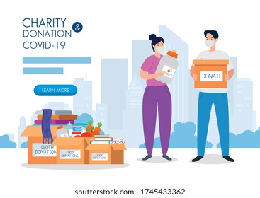 couple with cardboard donation boxes, social care, during coronavirus 2019 ncov vector illustration design