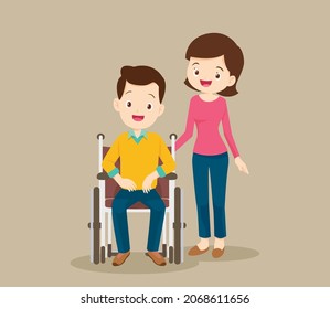 couple care wheelchair patient,man sitting on wheelchair with caring wife at home
