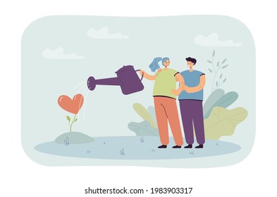 Couple caring about love vector illustration. Joyful smiling man and woman watering heart shaped flower symbolizing their love. Happy relationship concept for banner, website design or landing page