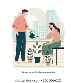 Couple caring for plants on a rooftop, Modern eco-friendly lifestyle and sustainable agriculture concept. urban gardening, city farming. Vector illustration