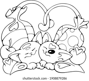Couple of cartoon cat characters in love, funny colorful stock illustration for children books, postcards, greeting or invitation cards, stickers, prints or logo, web design or apps