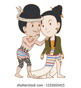 Couple of cartoon character whispering in traditional northern Thai styles.