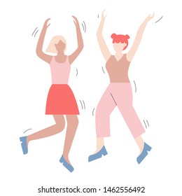 Couple of cartoon characters having fun dancing at a party. Two women dressed in trendy clothes dancing at club or concert.  Flat vector illustration