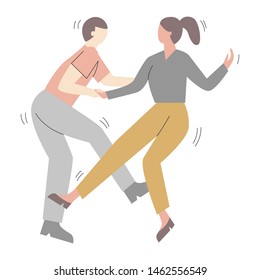 Couple of cartoon characters having fun dancing at a party. Man and woman dressed in trendy clothes dancing at club or concert.  Flat vector illustration