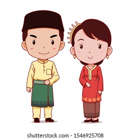 Couple of cartoon characters in Malaysian traditional costume.	