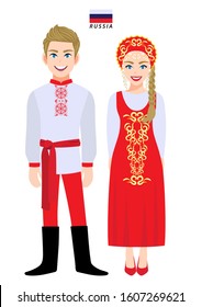 Couple of cartoon characters in Russia traditional costume vector