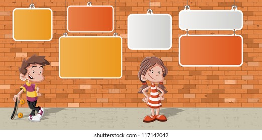 Couple of cartoon children in front of orange brick wall background