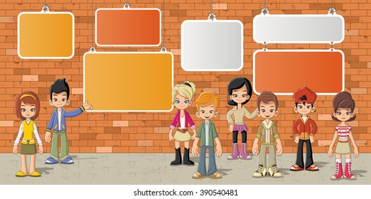 Couple of cartoon children in front of orange brick wall background
