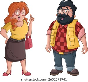 Couple of cartoon colorful people. Chubby people. Fat woman talking to fat man.