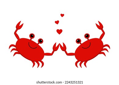 Couple of cartoon crab in love. Lovers and hearts. The characters of the underwater world in love. Vector illustration.