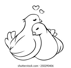 Couple of cartoon doves cuddle in love