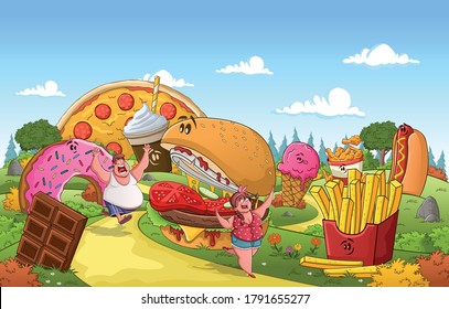 Couple of cartoon fat people running on a park with junk food. Obese people between in a road with junk food.